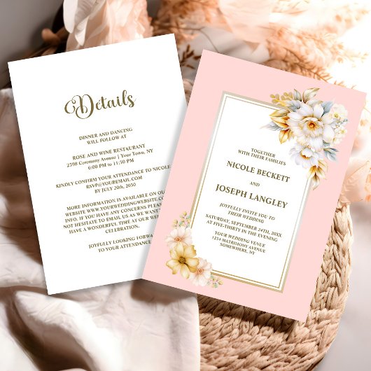 Invitation Tout en un Mariage rose floral blanc