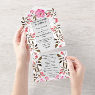 Invitation tout en un mariage - Rose floral rose d