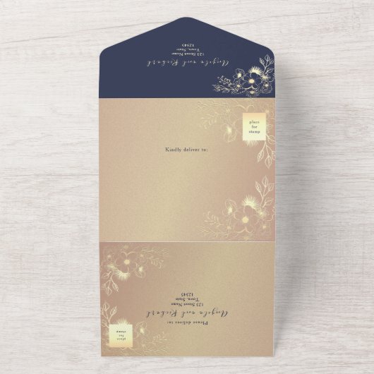 Invitation Tout En Un Mariage Rose Gold et Bleu Nuit (Dehors)