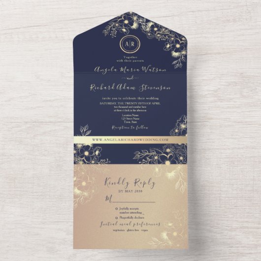 Invitation Tout En Un Mariage Rose Gold et Bleu Nuit (À l'intérieur)