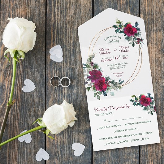 Invitation Tout En Un Mariage Rose Gold Frame Red Christmas