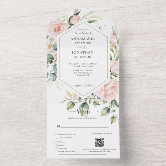 Invitation Tout En Un Mariage rose pâle (À l'intérieur)