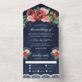 Invitation Tout En Un Mariage Rose Pâle Bourgogne Floral Dentelle Bleu N (À l'intérieur)