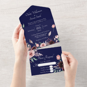 Invitation Tout En Un Mariage Rose Pâle et Bourguignon Floral Bleu Nuit