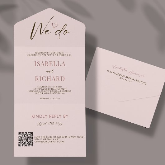 Invitation Tout En Un Mariage rose pâle | QR Code Tout en un