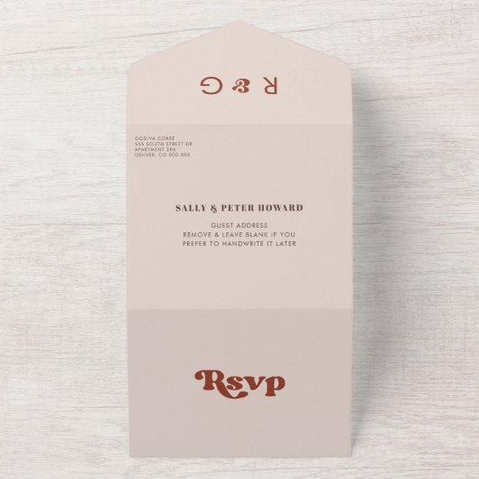 Invitation Tout En Un Mariage rose pêche rétro élégant (Dehors)