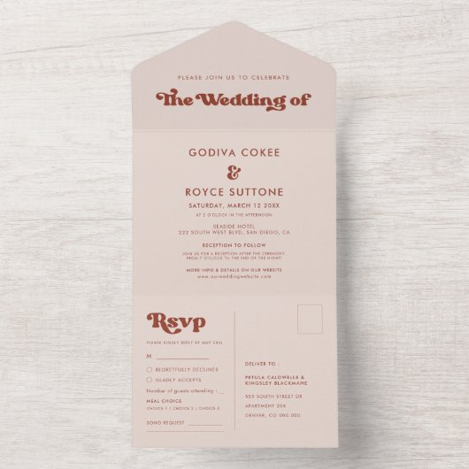 Invitation Tout En Un Mariage rose pêche rétro élégant (À l'intérieur)