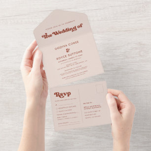 Invitation Tout En Un Mariage rose pêche rétro élégant