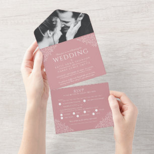 Invitation Tout En Un Mariage rose poudré blanc feuilles photo repas RSV