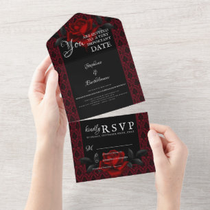 Invitation Tout En Un Mariage Rose Rouge Damassé Gothique