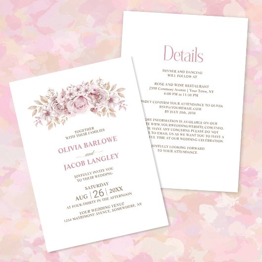Invitation Tout en un Mariage rose Rustique