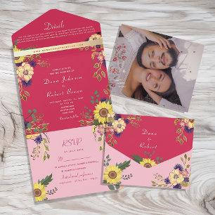 Invitation Tout En Un Mariage rose Sunflower Boho