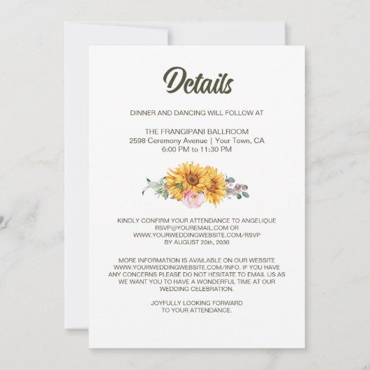 Invitation Tout en un Mariage rose tournesol rose (Dos)