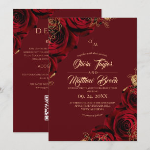 Invitation Tout en Un Mariage Roses Bourgogne Or