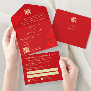 Invitation Tout En Un Mariage Rouge Bilingue Vietnamien Anglais