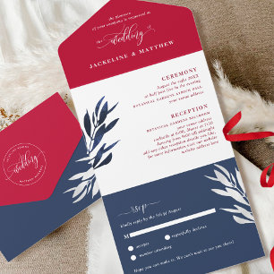 Invitation Tout En Un Mariage rouge blanc et bleu avec RSVP Al perforé