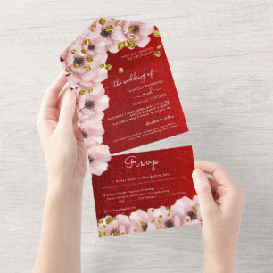 Invitation Tout En Un Mariage rouge élégant rose Roses
