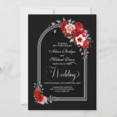 Invitation Tout en un Mariage rouge Floral noir (Devant)