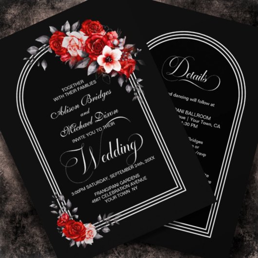 Invitation Tout en un Mariage rouge Floral noir