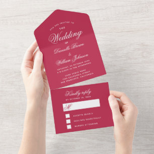 Invitation Tout En Un Mariage Rouge Magenta Simple Élégant Écriture RSVP
