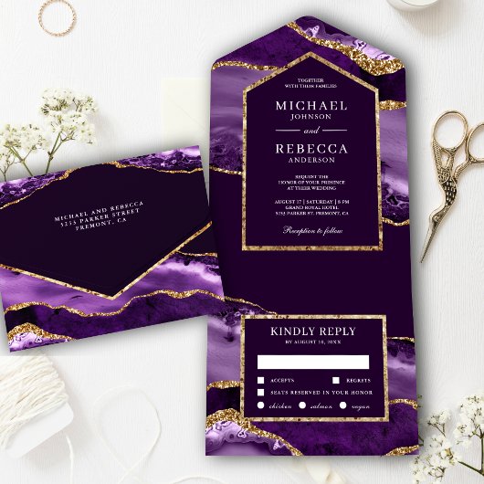 Invitation Tout En Un Mariage Royal de marbre violet et doré
