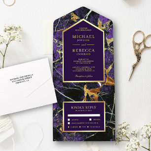 Invitation Tout En Un Mariage Royal de marbre violet Faux Gold Foil