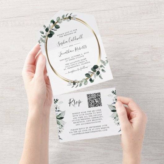 Invitation Tout En Un Mariage RSVP Eucalyptus Gold QR (Déchirure)