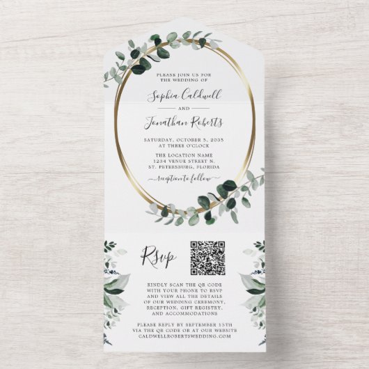 Invitation Tout En Un Mariage RSVP Eucalyptus Gold QR (À l'intérieur)