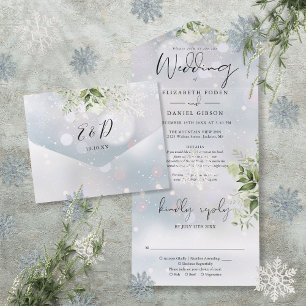 Invitation Tout En Un Mariage RSVP Floral Détails de Verdure de Neige d'