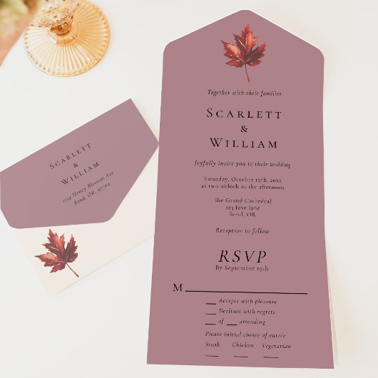Invitation Tout En Un Mariage RSVP Mauve Entree simple et minimal à la f