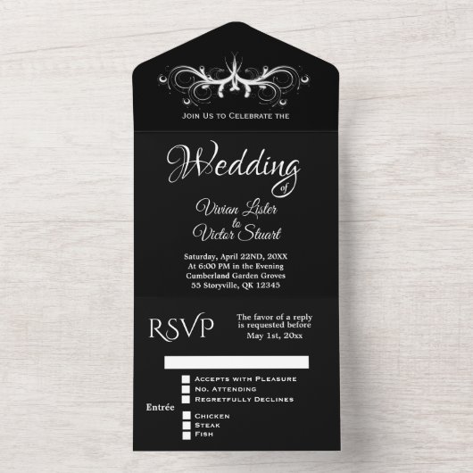 Invitation Tout En Un Mariage Rsvp noir et blanc classique (À l'intérieur)