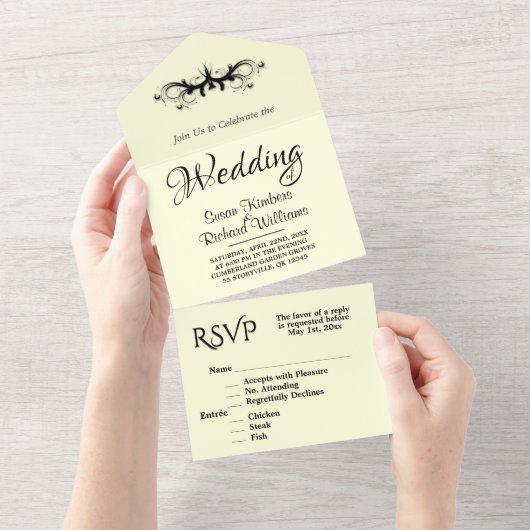 Invitation Tout En Un Mariage Rsvp Pile jaune clair et noir (Déchirure)