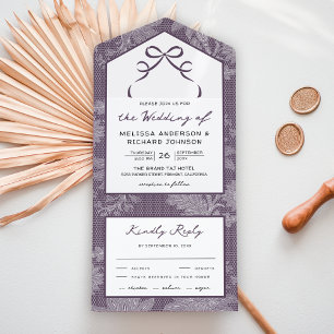 Invitation Tout En Un Mariage Ruban Coquette en Dentelle Blanche Violet