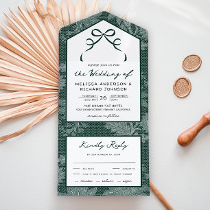 Invitation Tout En Un Mariage Ruban Coquette en Dentelle Vert Emeraude