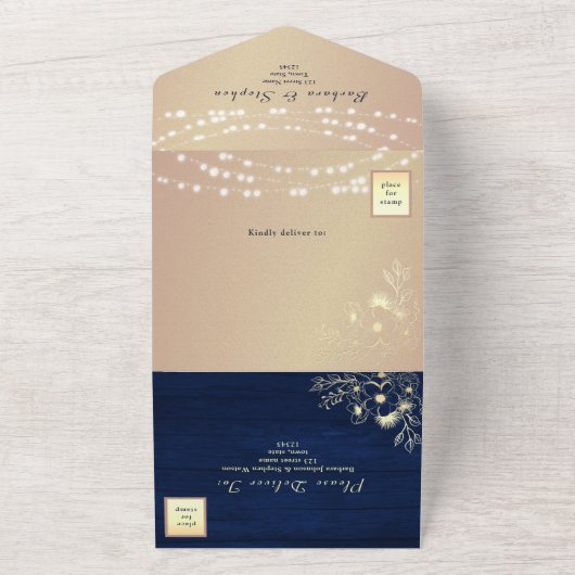 Invitation Tout En Un Mariage Rustic Navy Blue String (Dehors)