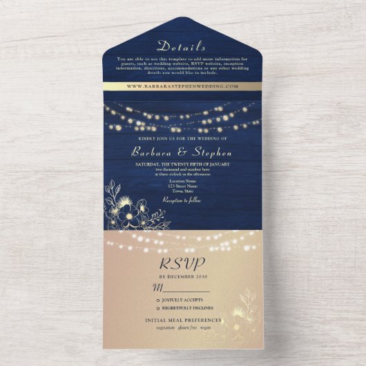 Invitation Tout En Un Mariage Rustic Navy Blue String (À l'intérieur)