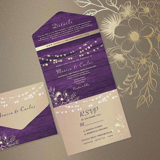 Invitation Tout En Un Mariage Rustique à chaîne violet