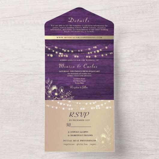 Invitation Tout En Un Mariage Rustique à chaîne violet (À l'intérieur)