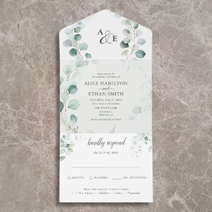 Invitation Tout En Un Mariage Rustique au Budget Vert Eucalyptus Sauge