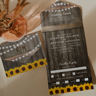 Invitation Tout En Un Mariage Rustique au Tournesol 3 en 1