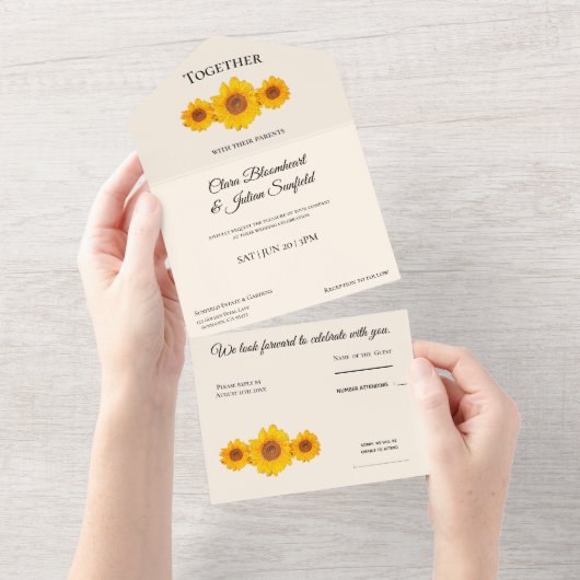Invitation Tout En Un mariage rustique avec tournesol - en crème (Déchirure)