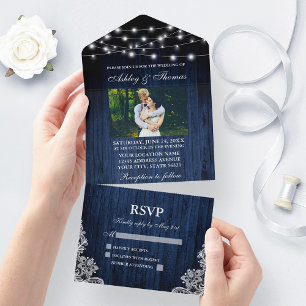 Invitation Tout En Un Mariage rustique Bleu Chaîne Lumière Dentelle Phot