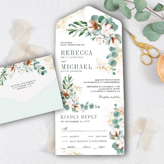 Invitation Tout En Un Mariage Rustique Boho Cotton Gold Eucalyptus Branc