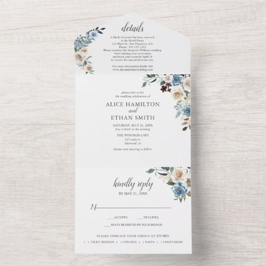 Invitation Tout En Un Mariage rustique boho fleurs bleues poussiéreuses (À l'intérieur)