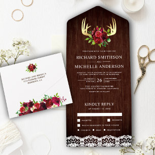 Invitation Tout En Un Mariage Rustique Bois Bourgogne Floral Bois de Cer