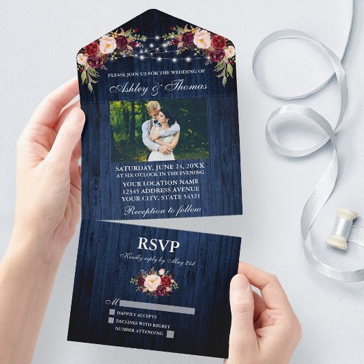 Invitation Tout En Un Mariage rustique Floral Bleu Bois Lumières Photo