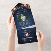 Invitation Tout En Un Mariage rustique Floral Bleu Bois Lumières Photo (Déchirure)