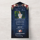 Invitation Tout En Un Mariage rustique Floral Bleu Bois Lumières Photo (À l'intérieur)
