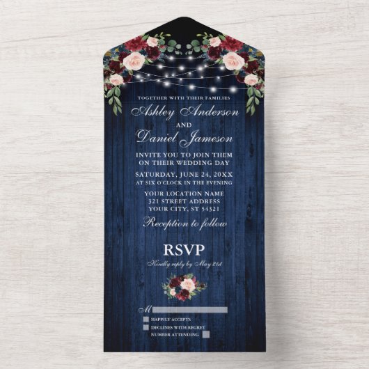 Invitation Tout En Un Mariage Rustique Floral Bourgogne Bleu Lumières en (À l'intérieur)