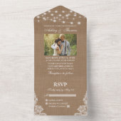 Invitation Tout En Un Mariage rustique Lumières Dentelle Burlap Photo (À l'intérieur)